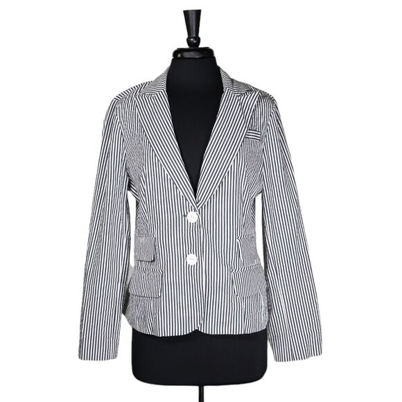 Sandro Women's Blazer Blue White Striped Seersucker Two Button Jacket Size Large - Picture 1 of 9